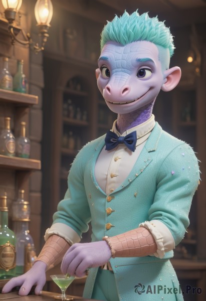 solo,smile,short hair,blue eyes,shirt,1boy,bow,jewelry,blue hair,male focus,green hair,indoors,bowtie,blurry,bracelet,cup,aqua hair,blurry background,colored skin,blue bow,formal,bottle,suit,furry,sleeves rolled up,drinking glass,blue bowtie,lamp,scales,furry male,traditional bowtie,bar (place),cocktail glass,animal ears,teeth,artist name,watermark,web address,purple skin,pink skin,bartender