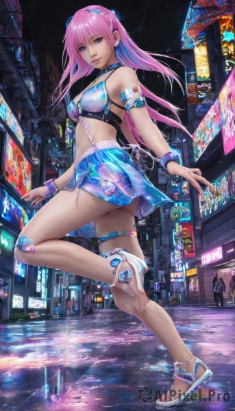 1girl,solo,long hair,breasts,looking at viewer,smile,bangs,blue eyes,skirt,navel,jewelry,medium breasts,standing,swimsuit,full body,pink hair,ass,bikini,multicolored hair,earrings,outdoors,sky,solo focus,choker,midriff,nail polish,high heels,bracelet,feet,lips,blue skirt,see-through,legs,thigh strap,toes,night,piercing,sandals,standing on one leg,building,wristband,bandaid,toenails,city,realistic,toenail polish,bandaid on leg,bandaid on knee,crosswalk,hair ornament,bare shoulders,thighs,small breasts,miniskirt,collar,watermark,leg up,bikini top only,armlet,blue nails,science fiction,road,street,cyberpunk,neon lights