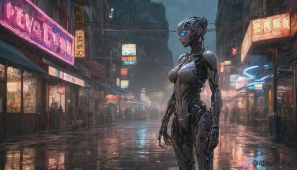 A vibrant cyborg captured in rainy outdoors