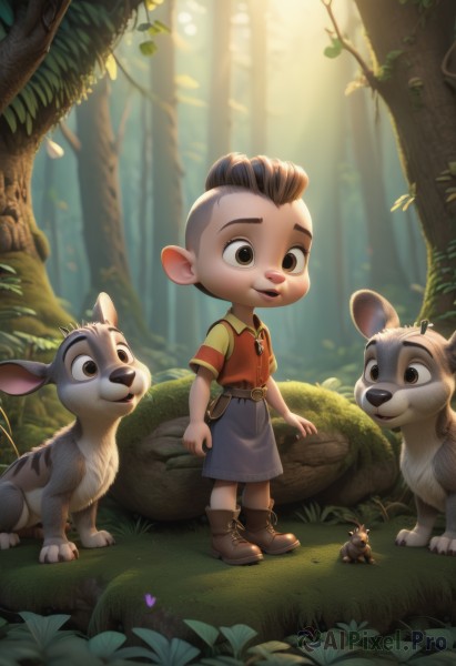 smile,short hair,open mouth,brown hair,shirt,1boy,brown eyes,standing,full body,short sleeves,male focus,boots,outdoors,shorts,teeth,day,belt,looking at another,vest,tree,animal,leaf,brown footwear,sunlight,grass,child,nature,furry,forest,male child,squirrel,buck teeth,solo,skirt,animal ears,flower,bag,bug,plant,red shirt,rock,mushroom,moss,beetle