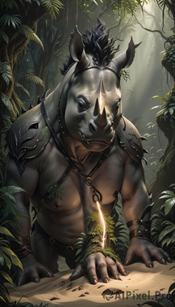 solo,1boy,navel,jewelry,nipples,male focus,outdoors,horns,teeth,day,pants,armor,tree,mask,muscular,glowing,colored skin,animal,leaf,fangs,abs,sunlight,pectorals,plant,muscular male,all fours,shoulder armor,nature,bara,forest,large pectorals,pauldrons,topless male,furry male,harness,tusks,animal ears,necklace,furry,faceless,rock,chest hair