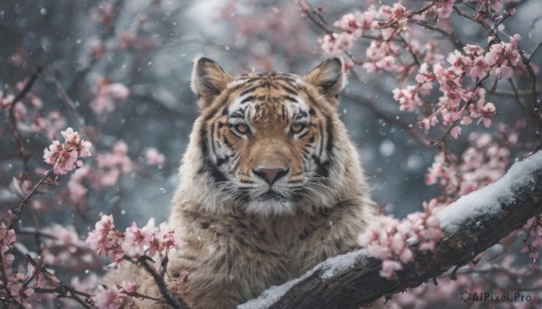 looking at viewer, outdoors, blurry, tree, no humans, depth of field, blurry background, animal, cherry blossoms, snow, snowing, realistic, branch, chinese zodiac, animal focus, tiger, year of the tiger, spring (season)