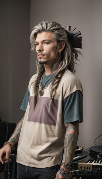 1girl,solo,long hair,looking at viewer,blonde hair,shirt,1boy,jewelry,braid,male focus,earrings,pants,necklace,twin braids,bracelet,lips,tattoo,facial hair,denim,t-shirt,instrument,hair over shoulder,beard,realistic,guitar,arm tattoo,keyboard (instrument),blue eyes,cowboy shot,signature,jeans