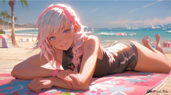 1girl,solo,long hair,breasts,looking at viewer,blush,smile,bangs,blue eyes,bare shoulders,jewelry,purple eyes,swimsuit,pink hair,ass,braid,white hair,thighs,multicolored hair,hairband,outdoors,lying,parted lips,sky,shorts,barefoot,teeth,sleeveless,day,virtual youtuber,water,necklace,grin,blurry,feet,tree,blue sky,streaked hair,legs,one-piece swimsuit,short shorts,bare legs,single braid,tattoo,bird,ocean,umbrella,beach,black shorts,crossed arms,on stomach,towel,wristband,hair over shoulder,braided ponytail,sand,palm tree,shade,arm tattoo,beach umbrella,feet up,the pose,beach towel,full body,bracelet,lips,depth of field,blurry background,sunlight,black one-piece swimsuit