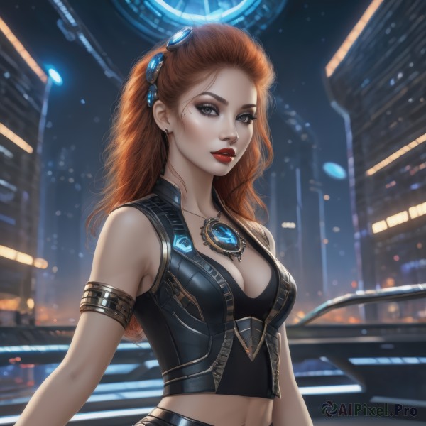 1girl,solo,long hair,breasts,looking at viewer,brown hair,hair ornament,navel,cleavage,bare shoulders,jewelry,medium breasts,upper body,earrings,outdoors,parted lips,sleeveless,midriff,necklace,orange hair,mole,blurry,vest,lips,grey eyes,mole under eye,makeup,night,blurry background,lipstick,ground vehicle,gem,motor vehicle,armlet,pendant,freckles,science fiction,city,realistic,red lips,car,city lights,red hair,crop top,goggles,goggles on head,nose