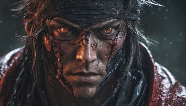 solo,looking at viewer,brown hair,1boy,brown eyes,closed mouth,male focus,scarf,orange eyes,blood,headband,scar,portrait,snow,close-up,blood on face,snowing,realistic,bandana,black hair,glowing,glowing eyes,scar on face,manly