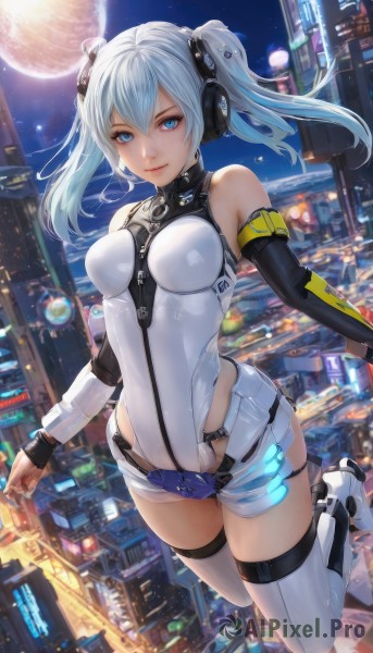 1girl,solo,long hair,breasts,looking at viewer,smile,bangs,blue eyes,hair ornament,thighhighs,gloves,hair between eyes,bare shoulders,twintails,medium breasts,closed mouth,blue hair,white hair,thighs,boots,outdoors,detached sleeves,sky,shorts,elbow gloves,belt,artist name,high heels,white thighhighs,leotard,lips,see-through,short shorts,covered navel,skindentation,night,turtleneck,headgear,headphones,highleg,moon,leg up,white footwear,building,star (sky),night sky,full moon,highleg leotard,high heel boots,science fiction,impossible clothes,white shorts,city,white leotard,cityscape,skyscraper,city lights