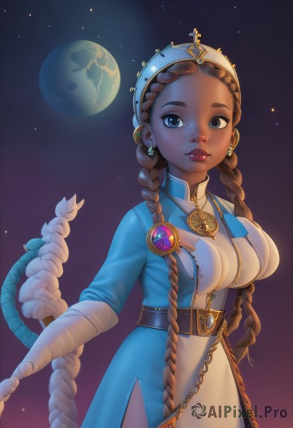 1girl,solo,long hair,breasts,looking at viewer,blue eyes,large breasts,brown hair,gloves,hat,dress,holding,jewelry,medium breasts,very long hair,braid,cowboy shot,earrings,parted lips,sky,belt,dark skin,necklace,twin braids,dark-skinned female,lips,makeup,moon,staff,gem,star (sky),forehead,starry sky,nose,holding staff,space,planet,multiple braids,long sleeves,white gloves,white dress,eyelashes,night,blue dress,piercing,thick eyebrows,lipstick,night sky,side slit,backlighting,hoop earrings,red lips