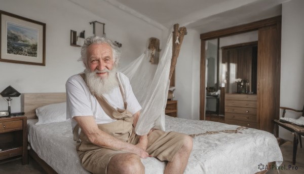 solo,looking at viewer,smile,shirt,1boy,sitting,closed mouth,white shirt,white hair,short sleeves,male focus,shorts,indoors,pillow,bed,facial hair,on bed,chair,table,beard,realistic,mustache,lamp,overalls,bedroom,old,brown shorts,old man,picture frame,painting (object),leg hair,arm hair,window,scar,photo background,wrinkled skin,portrait (object)