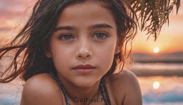 1girl,solo,long hair,looking at viewer,brown hair,black hair,hat,bare shoulders,brown eyes,closed mouth,outdoors,sky,dark skin,water,blurry,black eyes,dark-skinned female,lips,eyelashes,depth of field,blurry background,ocean,wind,portrait,close-up,freckles,sunset,realistic,nose,straw hat,jewelry,necklace,tree,sun