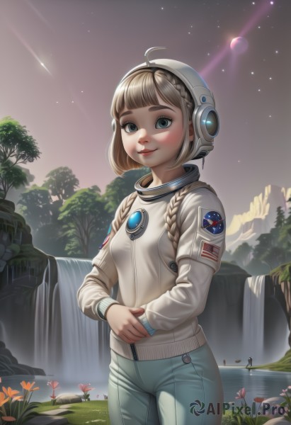 1girl,solo,long hair,breasts,looking at viewer,blush,smile,short hair,bangs,blue eyes,blonde hair,long sleeves,closed mouth,standing,braid,flower,ahoge,cowboy shot,small breasts,outdoors,sky,pants,artist name,signature,blunt bangs,water,star (symbol),twin braids,tree,lips,night,watermark,own hands together,grass,star (sky),night sky,wading,starry sky,rock,realistic,nose,space,mushroom,planet,waterfall,orange flower,american flag,spacecraft,shooting star,spacesuit,pond,space helmet,astronaut,brown hair,jacket,uniform,sunlight,thick eyebrows,helmet,zipper,freckles,emblem,badge