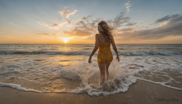 1girl,solo,long hair,brown hair,black hair,dress,bare shoulders,standing,swimsuit,ass,outdoors,sky,barefoot,sleeveless,cloud,water,from behind,bare arms,ocean,back,beach,sunlight,cloudy sky,scenery,wading,walking,sunset,sand,sun,horizon,facing away,splashing,waves,shore,orange sky,shorts,signature,wet,floating hair,wind,wet clothes,camisole,arms at sides,wide shot,evening,yellow shorts,sunrise