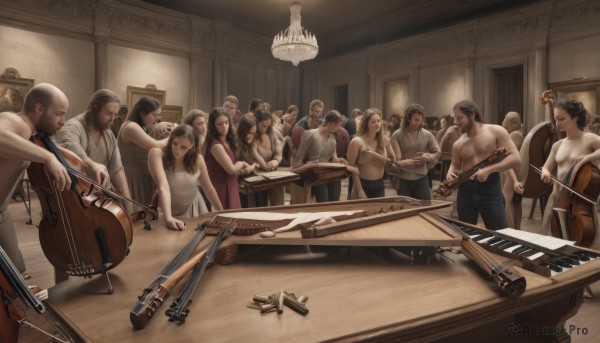 long hair,breasts,short hair,multiple girls,brown hair,black hair,dress,closed eyes,multiple boys,pants,indoors,white dress,facial hair,6+girls,parody,formal,instrument,beard,6+boys,topless male,realistic,mustache,music,guitar,very short hair,old,playing instrument,violin,drum,piano,fine art parody,trumpet,flute,chandelier,buzz cut,grand piano,jewelry,medium breasts,sitting,necklace,table,suit,bald