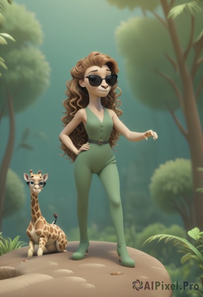 1girl,solo,long hair,smile,brown hair,bare shoulders,standing,full body,boots,outdoors,day,belt,artist name,blurry,high heels,flat chest,tree,hand on hip,bodysuit,blurry background,animal,wavy hair,sunglasses,grass,nature,forest,curly hair,mushroom,aviator sunglasses,breasts,open mouth,dress,small breasts,sleeveless,bare arms,depth of field,leaf,watermark,cat,thick eyebrows,high heel boots,green dress,green footwear