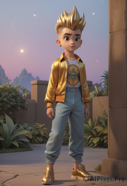 solo,looking at viewer,short hair,blonde hair,shirt,long sleeves,1boy,brown eyes,jewelry,standing,jacket,full body,male focus,earrings,outdoors,shoes,pants,artist name,night,brown footwear,moon,plant,denim,spiked hair,child,jeans,yellow jacket,male child,print shirt,open clothes,open jacket,mohawk