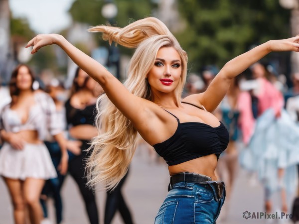 1girl,long hair,breasts,looking at viewer,smile,blue eyes,multiple girls,skirt,blonde hair,large breasts,cleavage,bare shoulders,ponytail,outdoors,parted lips,solo focus,midriff,belt,pants,armpits,blurry,arms up,lips,crop top,makeup,depth of field,blurry background,white skirt,outstretched arms,denim,lipstick,red nails,camisole,jeans,realistic,red lips,2girls,tank top,dancing,crowd