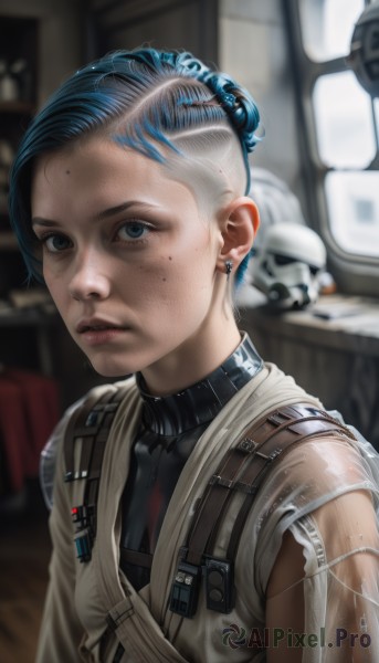 1girl,solo,looking at viewer,short hair,blue eyes,jewelry,closed mouth,blue hair,upper body,multicolored hair,earrings,parted lips,hair bun,mole,blurry,two-tone hair,lips,mole under eye,bodysuit,blurry background,piercing,single hair bun,ground vehicle,freckles,science fiction,realistic,dirty,dirty face,black hair,uniform,facial mark,helmet,nose,pilot suit,undercut,cyberpunk,earpiece