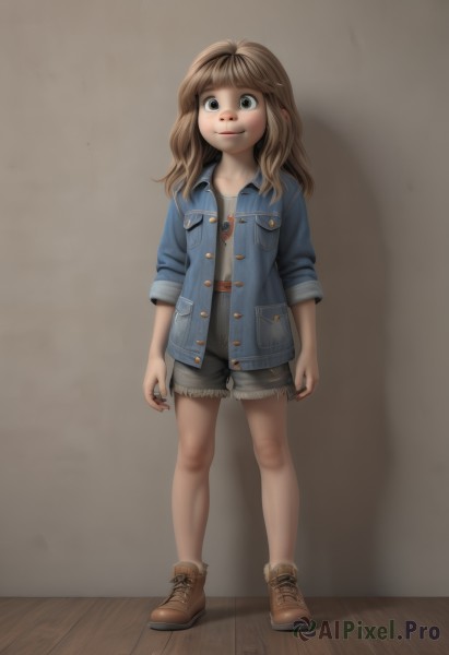 1girl,solo,long hair,looking at viewer,smile,bangs,blue eyes,brown hair,shirt,brown eyes,standing,jacket,full body,boots,open clothes,shoes,shorts,open jacket,short shorts,buttons,brown footwear,denim,sleeves rolled up,denim shorts,pocket,unbuttoned,female child,breast pocket,cutoffs,denim jacket,blunt bangs,child,realistic