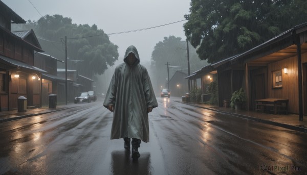 A male set against the backdrop of a serene rainy outdoors