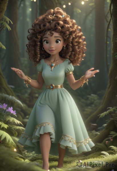 1girl,solo,long hair,looking at viewer,smile,brown hair,hair ornament,dress,brown eyes,jewelry,standing,flower,short sleeves,earrings,outdoors,barefoot,puffy sleeves,belt,dark skin,necklace,blurry,bracelet,dark-skinned female,tree,puffy short sleeves,lips,blue dress,watermark,ring,grass,plant,child,nature,web address,forest,curly hair,mushroom,big hair,very dark skin,breasts,collarbone,full body,day,artist name,nail polish,hands up,sparkle,makeup,depth of field,blurry background,feet out of frame,leaf,gem,pendant,green dress,bangle,aqua dress