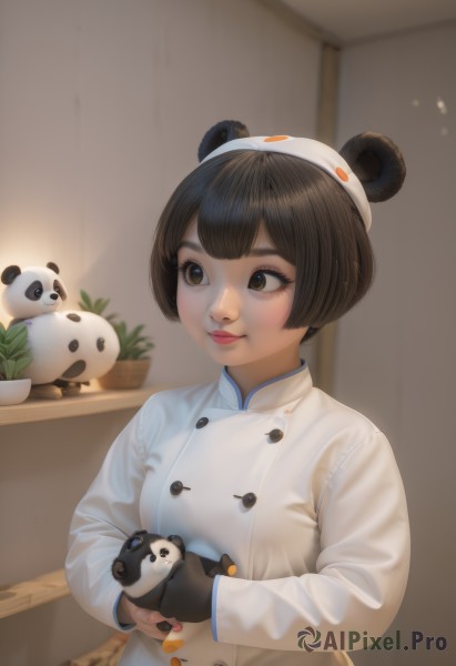 1girl,solo,smile,short hair,bangs,brown hair,black hair,gloves,long sleeves,hat,holding,animal ears,brown eyes,closed mouth,upper body,artist name,indoors,hair bun,blurry,lips,double bun,buttons,blurry background,animal,white headwear,stuffed toy,stuffed animal,plant,potted plant,holding animal,panda,chef hat,chef,coat,makeup,fake animal ears,bob cut,realistic,nose,panda ears