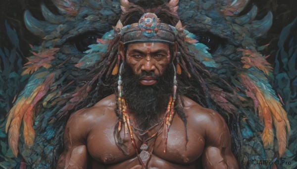 solo,long hair,looking at viewer,black hair,hair ornament,1boy,brown eyes,jewelry,closed mouth,nipples,upper body,male focus,earrings,dark skin,necklace,muscular,headband,facial hair,facial mark,dark-skinned male,feathers,pectorals,muscular male,bara,beard,topless male,mature male,headdress,feather hair ornament,dreadlocks,native american,multiple braids,smile,braid,tattoo,abs,large pectorals,realistic,mustache,manly,chest hair