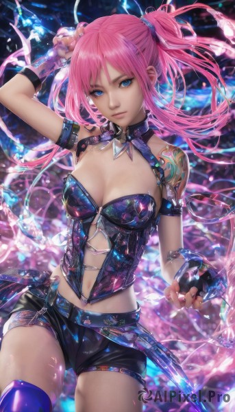 1girl,solo,long hair,breasts,looking at viewer,blue eyes,thighhighs,gloves,navel,cleavage,bare shoulders,twintails,medium breasts,weapon,pink hair,cowboy shot,shorts,midriff,fingerless gloves,nail polish,arm up,lips,short shorts,tattoo,black shorts,armlet,bustier,hair ornament,closed mouth,standing,choker,black gloves,shiny,belt,shiny skin,watermark,armband,zipper,realistic