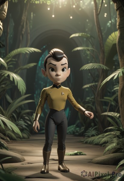 solo,looking at viewer,short hair,brown hair,shirt,black hair,long sleeves,1boy,brown eyes,closed mouth,standing,full body,male focus,boots,outdoors,pointy ears,pants,black eyes,tree,black pants,plant,child,nature,forest,yellow shirt,male child,bodysuit,leaf,mohawk