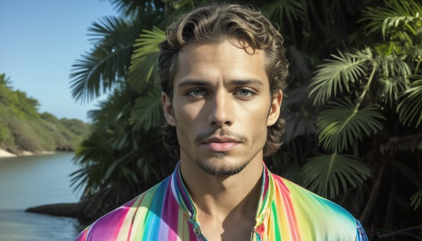 HQ,solo,looking at viewer,brown hair,shirt,1boy,brown eyes,closed mouth,upper body,male focus,outdoors,sky,day,collared shirt,water,black eyes,tree,blue sky,lips,shadow,facial hair,beach,portrait,multicolored clothes,beard,curly hair,realistic,nose,mustache,palm tree,stubble,ocean,sunlight,multicolored shirt,hawaiian shirt