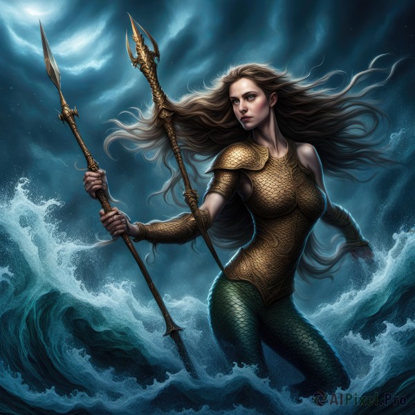 1girl,solo,long hair,breasts,blue eyes,large breasts,brown hair,holding,medium breasts,weapon,sky,artist name,cloud,signature,water,holding weapon,armor,lips,looking to the side,night,floating hair,ocean,watermark,looking away,moon,monster girl,polearm,shoulder armor,night sky,web address,pauldrons,spear,realistic,nose,scales,bracer,holding polearm,mermaid,waves,trident,bodysuit