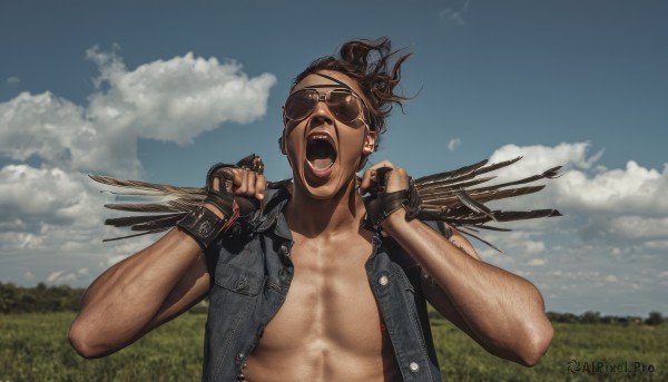 solo,open mouth,brown hair,black hair,gloves,1boy,jacket,upper body,male focus,outdoors,open clothes,sky,teeth,day,cloud,fingerless gloves,vest,parody,eyepatch,sunglasses,denim,clenched hands,realistic,screaming,denim jacket,1girl,breasts,jewelry,earrings,muscular,grass,music,singing,shouting,open vest