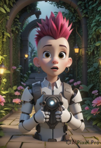 1girl,solo,looking at viewer,short hair,open mouth,holding,brown eyes,jewelry,upper body,pink hair,flower,red hair,earrings,outdoors,teeth,leaf,upper teeth only,plant,robot,spiked hair,pink flower,science fiction,hoop earrings,stairs,camera,joints,cyborg,robot joints,holding camera,yellow eyes,android,mechanical arms,doll joints,mohawk