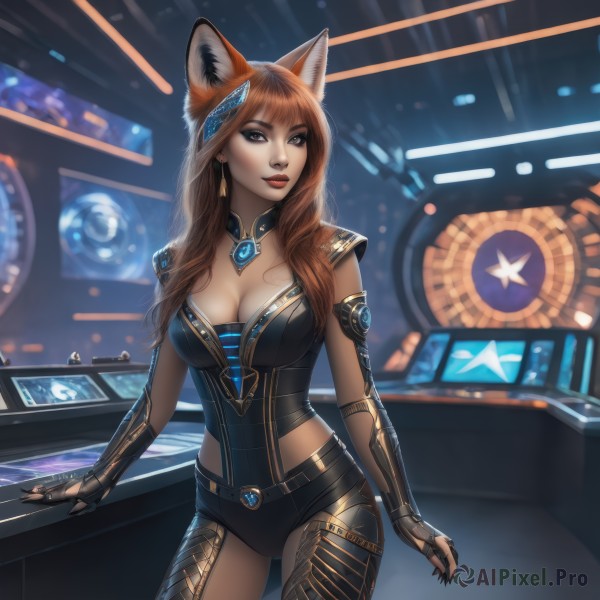 1girl,solo,long hair,breasts,looking at viewer,bangs,large breasts,brown hair,hair ornament,gloves,animal ears,cleavage,brown eyes,jewelry,medium breasts,standing,cowboy shot,earrings,parted lips,belt,artist name,fingerless gloves,nail polish,armor,mole,leotard,lips,fingernails,fox ears,makeup,lipstick,gem,black nails,black leotard,eyeshadow,long fingernails,nose,sharp fingernails,red lips,eyeliner,monitor,indoors,realistic