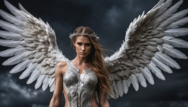 1girl,solo,long hair,looking at viewer,brown hair,bare shoulders,brown eyes,upper body,wings,sky,cloud,armor,lips,feathered wings,angel wings,realistic,white wings,angel,head wreath