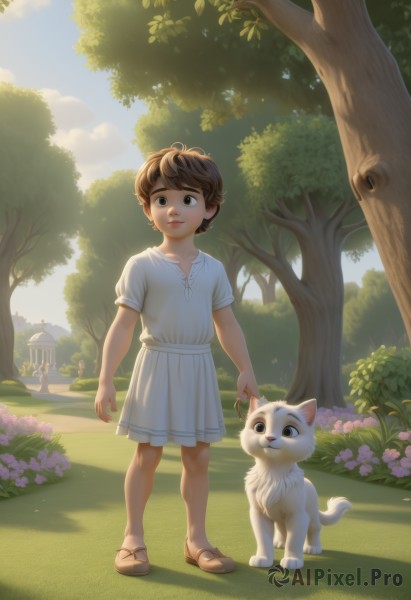 1girl,short hair,skirt,brown hair,shirt,dress,brown eyes,standing,full body,flower,short sleeves,outdoors,sky,day,cloud,white dress,looking at another,tree,blue sky,animal,brown footwear,sandals,sunlight,cat,white skirt,grass,bug,building,child,nature,forest,dog,realistic,female child,bush,house,path,solo,smile,1boy,male focus,shoes,shadow,male child