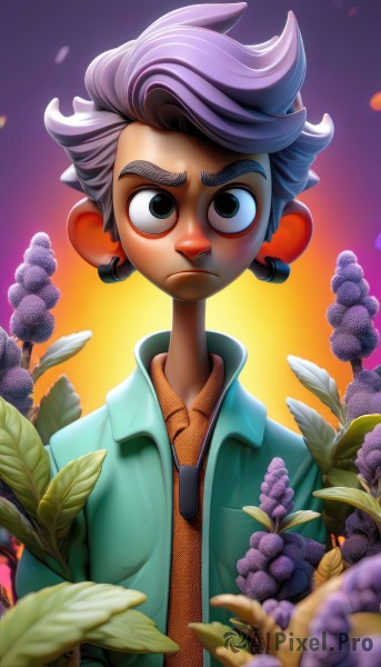 solo,looking at viewer,short hair,shirt,1boy,jewelry,closed mouth,jacket,upper body,purple hair,flower,grey hair,male focus,earrings,open clothes,collared shirt,artist name,blurry,black eyes,gradient,gradient background,fruit,frown,leaf,thick eyebrows,plant,sunset,blurry foreground,green jacket,purple flower,blue eyes,green eyes,food,signature,spiked hair,backlighting,serious,orange shirt