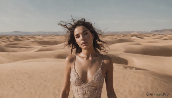 1girl,solo,long hair,breasts,looking at viewer,large breasts,brown hair,black hair,dress,cleavage,bare shoulders,brown eyes,medium breasts,collarbone,upper body,outdoors,parted lips,sky,day,lips,floating hair,beach,wind,messy hair,realistic,sand,desert