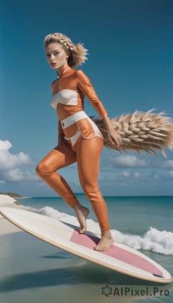 1girl,solo,breasts,looking at viewer,short hair,blue eyes,brown hair,holding,brown eyes,standing,tail,swimsuit,full body,braid,small breasts,outdoors,parted lips,sky,barefoot,day,cloud,water,nail polish,blue sky,lips,bodysuit,ocean,beach,black nails,zipper,toenails,realistic,sand,horizon,waves,surfboard,wetsuit,feet,from side,toes,jumpsuit,orange bodysuit