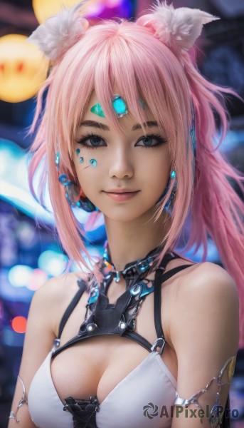 1girl,solo,long hair,breasts,looking at viewer,smile,bangs,blue eyes,animal ears,cleavage,bare shoulders,jewelry,medium breasts,closed mouth,upper body,ponytail,pink hair,cat ears,blurry,lips,animal ear fluff,grey eyes,fox ears,clothing cutout,eyelashes,makeup,depth of field,blurry background,facial mark,cleavage cutout,armlet,realistic,nose,hair ornament,flower,earrings,artist name,hair flower,necklace,gem,forehead jewel