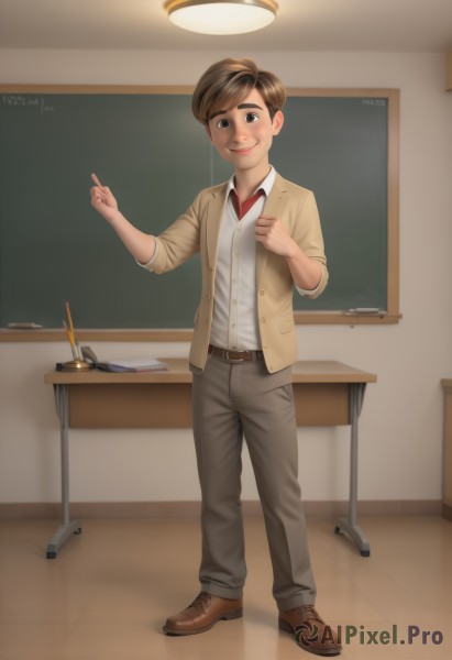 solo,looking at viewer,smile,brown hair,shirt,1boy,brown eyes,school uniform,standing,jacket,full body,white shirt,male focus,open clothes,necktie,shoes,belt,pants,artist name,indoors,open jacket,chair,brown footwear,table,blazer,pointing,red necktie,desk,realistic,pen,classroom,grey pants,pencil,chalkboard,chalk,short hair,vest,lips,watermark,formal,thick eyebrows,suit,web address,brown jacket,wooden floor