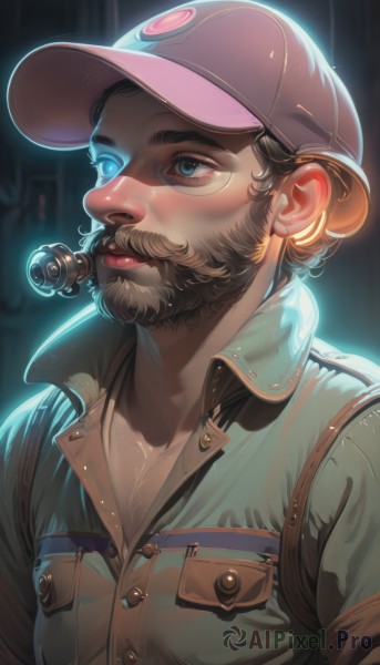 solo,looking at viewer,short hair,blue eyes,brown hair,shirt,1boy,hat,jacket,upper body,male focus,lips,buttons,glowing,facial hair,baseball cap,beard,pocket,realistic,nose,mustache,breast pocket,closed mouth,collarbone,artist name,thick eyebrows,goggles,backlighting