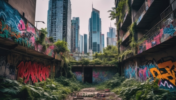 outdoors,sky,day,cloud,no humans,cloudy sky,plant,building,scenery,city,sign,road,cityscape,ruins,lamppost,skyscraper,graffiti,overgrown,post-apocalypse,tree,real world location