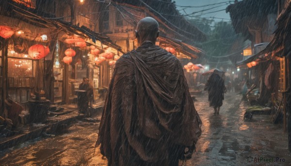 black hair,standing,male focus,outdoors,multiple boys,solo focus,from behind,cape,wet,night,umbrella,ground vehicle,building,scenery,cloak,motor vehicle,walking,rain,6+boys,lantern,city,facing away,car,road,oil-paper umbrella,architecture,multiple others,east asian architecture,power lines,street,paper lantern,crowd,people,6+others,1boy,sky,cloud,signature,black cape,house,black cloak,ambiguous gender,puddle,town