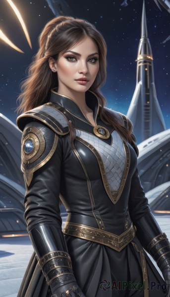 1girl,solo,long hair,breasts,looking at viewer,brown hair,gloves,long sleeves,dress,brown eyes,jewelry,medium breasts,earrings,parted lips,sky,artist name,armor,lips,makeup,night,wavy hair,lipstick,gauntlets,star (sky),starry sky,realistic,red lips,space,spacecraft,standing,bodysuit,night sky,science fiction,stud earrings