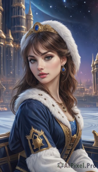 1girl,solo,long hair,breasts,looking at viewer,blue eyes,brown hair,long sleeves,hat,dress,cleavage,jewelry,medium breasts,upper body,earrings,outdoors,parted lips,sky,necklace,lips,coat,fur trim,eyelashes,makeup,night,blue dress,moon,tiara,crown,lipstick,building,gem,star (sky),night sky,pendant,starry sky,city,realistic,nose,winter clothes,red lips,cityscape,castle,blue coat,fur hat,bangs