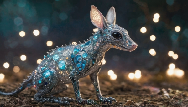 solo,blue eyes,tail,full body,outdoors,blurry,black eyes,from side,no humans,depth of field,blurry background,glowing,animal,gem,crystal,realistic,animal focus,mouse,bokeh,non-humanoid robot,closed mouth,standing,signature,profile,lizard