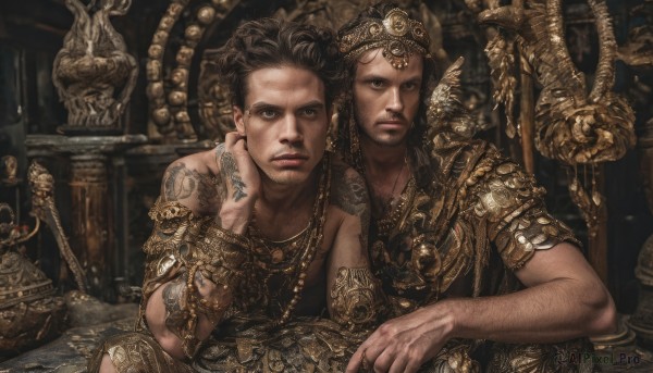 long hair,looking at viewer,brown hair,black hair,brown eyes,jewelry,sitting,closed mouth,upper body,weapon,male focus,earrings,multiple boys,2boys,necklace,armor,bracelet,tattoo,facial hair,helmet,crown,beard,realistic,arm tattoo,throne,statue,arm around shoulder,dreadlocks,1girl,1boy,chain,ring,gem,armlet,head rest,serious,gold