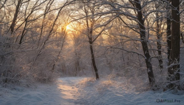 outdoors,water,tree,no humans,sunlight,grass,nature,scenery,snow,forest,light rays,road,winter,bare tree,river,sky,sunset,landscape