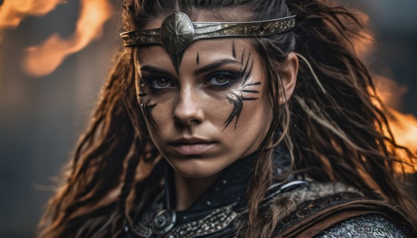 1girl,solo,long hair,looking at viewer,brown hair,black hair,brown eyes,jewelry,closed mouth,armor,blurry,lips,tattoo,blurry background,headband,facial mark,fire,portrait,freckles,realistic,nose,facepaint,facial tattoo,chainmail,yellow eyes,braid,necklace,fur trim