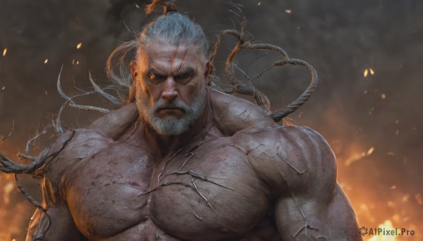 solo,looking at viewer,short hair,1boy,closed mouth,nipples,yellow eyes,upper body,white hair,male focus,nude,blood,muscular,glowing,facial hair,scar,eyepatch,abs,fire,pectorals,muscular male,bara,beard,scar on face,large pectorals,veins,injury,mature male,realistic,mustache,scar across eye,manly,old,chest hair,old man,embers,wrinkled skin,ponytail,blurry,blurry background,thick eyebrows,veiny arms